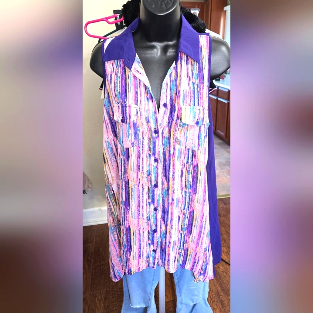 BCBG Maxazria, Purple, Pink, Blue Asymetrical Sheer Top, Sz Xs, Oversized
